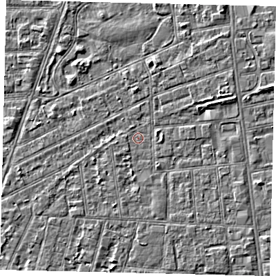 Shaded relief map of the ground around HU31TG, computed from Environment Agency LiDAR. The ground here sits at about 2 m above sea level and falls 3 m across the surrounding 800 m. Surface water reaching this point runs off ground lying to the east-north-east, 2.8 m higher.