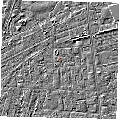 Shaded relief map of the ground around HU31TQ, computed from Environment Agency LiDAR. The ground here sits at about 2 m above sea level and falls 3 m across the surrounding 800 m. The ground contributing surface water to this point lies to the east-north-east.