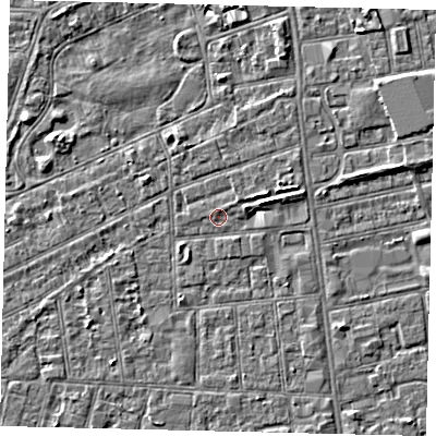 Shaded relief map of the ground around HU31UD, computed from Environment Agency LiDAR. The ground here sits at about 2 m above sea level and falls 3 m across the surrounding 800 m. Surface water reaching this point runs off ground lying to the east-north-east, 1.8 m higher.