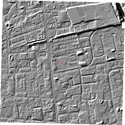 Shaded relief map of the ground around HU31UR, computed from Environment Agency LiDAR. The ground here sits at about 2 m above sea level and falls 11 m across the surrounding 800 m. Surface water reaching this point runs off ground lying to the north-east, 3.6 m higher.