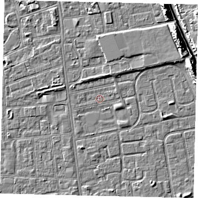 Shaded relief map of the ground around HU31UT, computed from Environment Agency LiDAR. The ground here sits at about 2 m above sea level and falls 11 m across the surrounding 800 m. Surface water reaching this point runs off ground lying to the north-north-east, 1.9 m higher.