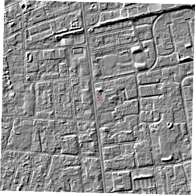 Shaded relief map of the ground around HU31UX, computed from Environment Agency LiDAR. The ground here sits at about 2 m above sea level and falls 3 m across the surrounding 800 m. Surface water reaching this point runs off ground lying to the west, 0.7 m higher.