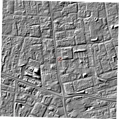 Shaded relief map of the ground around HU31YE, computed from Environment Agency LiDAR. The ground here sits at about 2 m above sea level and falls 5 m across the surrounding 800 m. Surface water reaching this point runs off ground lying to the west-south-west, 4.6 m higher.
