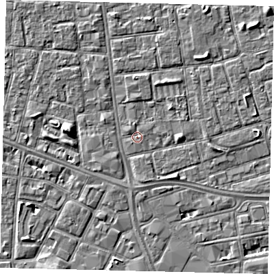 Shaded relief map of the ground around HU31YW, computed from Environment Agency LiDAR. The ground here sits at about 2 m above sea level and falls 5 m across the surrounding 800 m. Surface water reaching this point runs off ground lying to the north, 0.8 m higher.