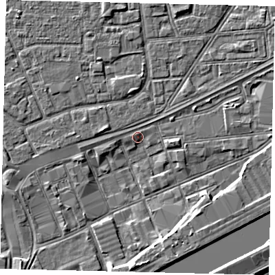 Shaded relief map of the ground around HU32AA, computed from Environment Agency LiDAR. The ground here sits at about 2 m above sea level and falls 9 m across the surrounding 800 m. Surface water reaching this point runs off ground lying to the south-west, 2.8 m higher.