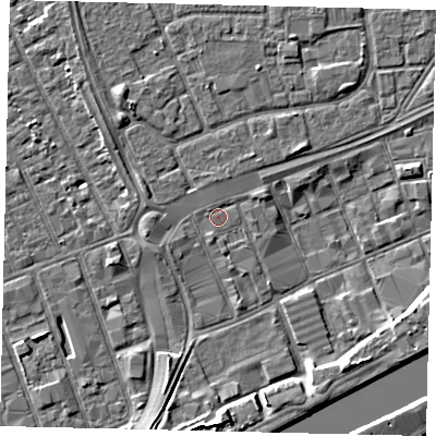 Shaded relief map of the ground around HU32AB, computed from Environment Agency LiDAR. The ground here sits at about 3 m above sea level and falls 6 m across the surrounding 800 m. Surface water reaching this point runs off ground lying to the west-south-west, 1.3 m higher.