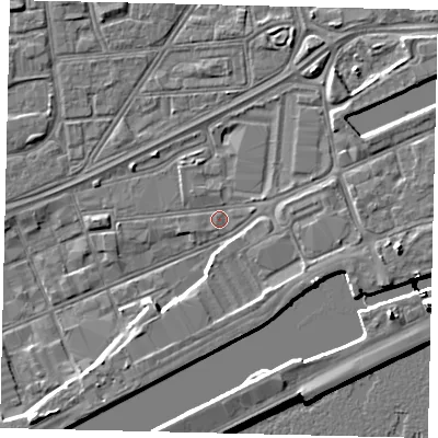 Shaded relief map of the ground around HU32BE, computed from Environment Agency LiDAR. The ground here sits at about 3 m above sea level and falls 11 m across the surrounding 800 m. Surface water reaching this point runs off ground lying to the east-south-east, 2.7 m higher.