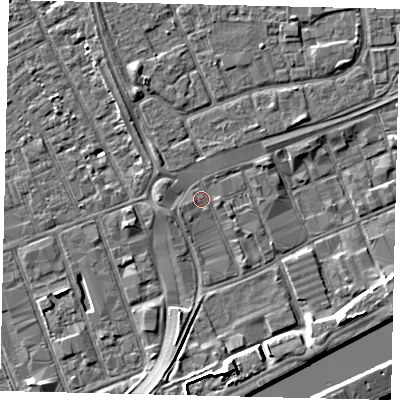 Shaded relief map of the ground around HU32BG, computed from Environment Agency LiDAR. The ground here sits at about 3 m above sea level and falls 9 m across the surrounding 800 m. Surface water reaching this point runs off ground lying to the west, 1.3 m higher.