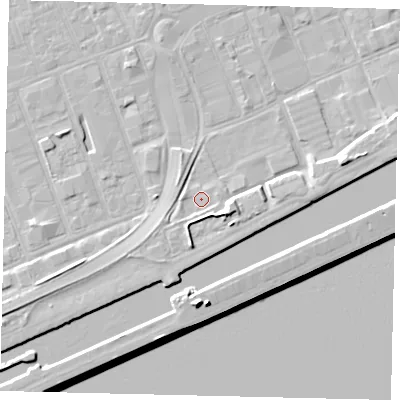 Shaded relief map of the ground around HU32BP, computed from Environment Agency LiDAR. The ground here sits at about 4 m above sea level and falls 11 m across the surrounding 800 m. Surface water reaching this point runs off ground lying to the south-west, 1.5 m higher.