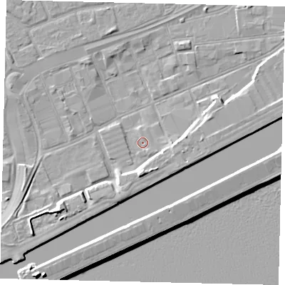 Shaded relief map of the ground around HU32BS, computed from Environment Agency LiDAR. The ground here sits at about 3 m above sea level and falls 11 m across the surrounding 800 m. Surface water reaching this point runs off ground lying to the south, 4.5 m higher.