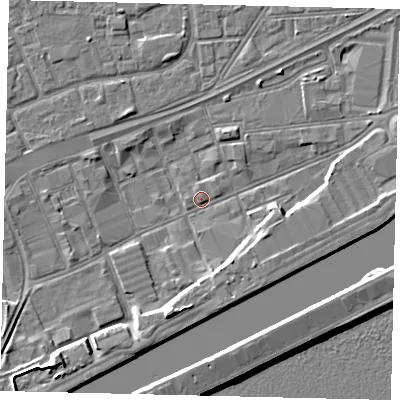 Shaded relief map of the ground around HU32BT, computed from Environment Agency LiDAR. The ground here sits at about 2 m above sea level and falls 9 m across the surrounding 800 m. Surface water reaching this point runs off ground lying to the south-south-west, 5.1 m higher.