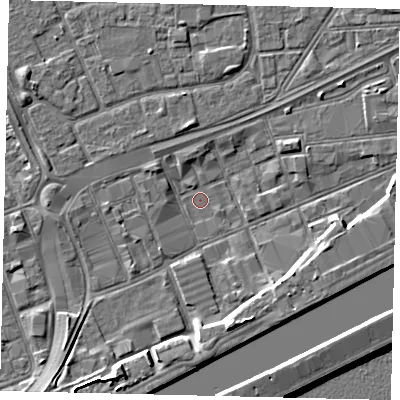 Shaded relief map of the ground around HU32BU, computed from Environment Agency LiDAR. The ground here sits at about 2 m above sea level and falls 9 m across the surrounding 800 m. Surface water reaching this point runs off ground lying to the south-south-west, 5.5 m higher.