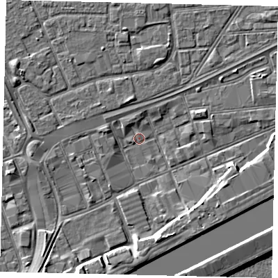 Shaded relief map of the ground around HU32DA, computed from Environment Agency LiDAR. The ground here sits at about 2 m above sea level and falls 9 m across the surrounding 800 m. Surface water reaching this point runs off ground lying to the south, 5.2 m higher.