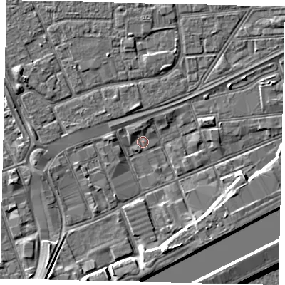 Shaded relief map of the ground around HU32DB, computed from Environment Agency LiDAR. The ground here sits at about 2 m above sea level and falls 9 m across the surrounding 800 m. Surface water reaching this point runs off ground lying to the west, 1.7 m higher.