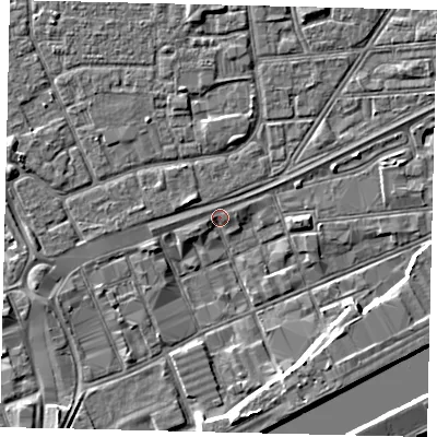 Shaded relief map of the ground around HU32DD, computed from Environment Agency LiDAR. The ground here sits at about 2 m above sea level and falls 7 m across the surrounding 800 m. Surface water reaching this point runs off ground lying to the south-west, 2.8 m higher.
