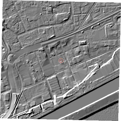 Shaded relief map of the ground around HU32DF, computed from Environment Agency LiDAR. The ground here sits at about 2 m above sea level and falls 9 m across the surrounding 800 m. Surface water reaching this point runs off ground lying to the south-south-west, 5.5 m higher.