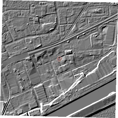 Shaded relief map of the ground around HU32DG, computed from Environment Agency LiDAR. The ground here sits at about 2 m above sea level and falls 9 m across the surrounding 800 m. Surface water reaching this point runs off ground lying to the south, 5.2 m higher.