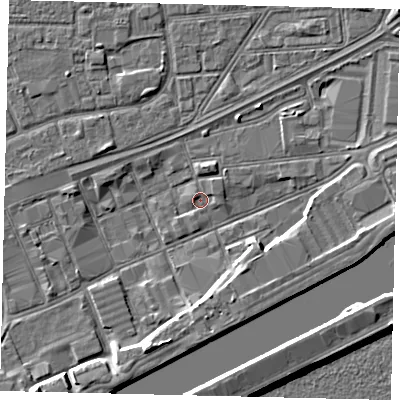 Shaded relief map of the ground around HU32DH, computed from Environment Agency LiDAR. The ground here sits at about 2 m above sea level and falls 9 m across the surrounding 800 m. Surface water reaching this point runs off ground lying to the south-south-west, 5.1 m higher.