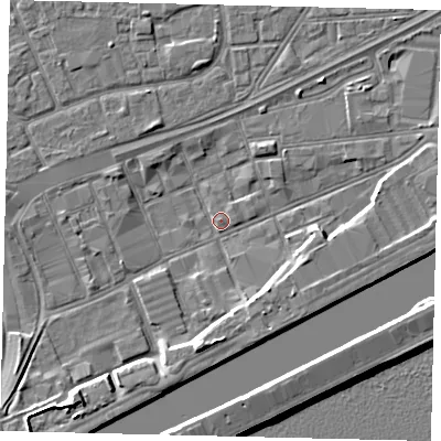 Shaded relief map of the ground around HU32DJ, computed from Environment Agency LiDAR. The ground here sits at about 2 m above sea level and falls 9 m across the surrounding 800 m. Surface water reaching this point runs off ground lying to the south, 5.1 m higher.