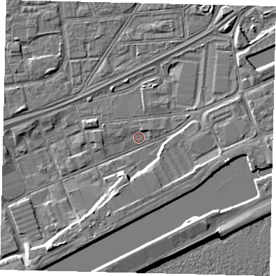 Shaded relief map of the ground around HU32DT, computed from Environment Agency LiDAR. The ground here sits at about 2 m above sea level and falls 9 m across the surrounding 800 m. Surface water reaching this point runs off ground lying to the east-south-east, 4.0 m higher.