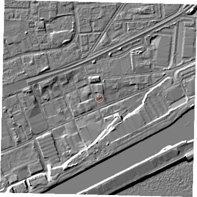 Shaded relief map of the ground around HU32DU, computed from Environment Agency LiDAR. The ground here sits at about 2 m above sea level and falls 9 m across the surrounding 800 m. Surface water reaching this point runs off ground lying to the south-south-west, 5.0 m higher.