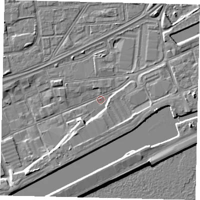 Shaded relief map of the ground around HU32DZ, computed from Environment Agency LiDAR. The ground here sits at about 2 m above sea level and falls 10 m across the surrounding 800 m. Surface water reaching this point runs off ground lying to the east, 3.8 m higher.