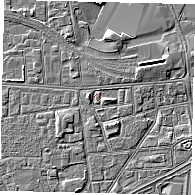 Shaded relief map of the ground around HU32ED, computed from Environment Agency LiDAR. The ground here sits at about 3 m above sea level and falls 4 m across the surrounding 800 m. Surface water reaching this point runs off ground lying to the west, 1.8 m higher.
