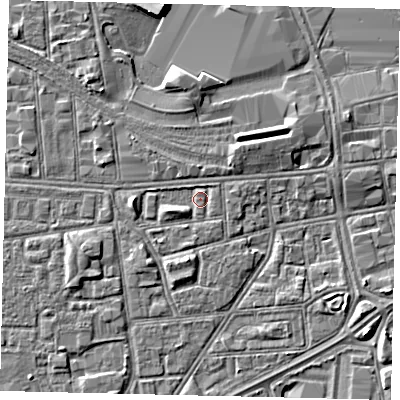 Shaded relief map of the ground around HU32EF, computed from Environment Agency LiDAR. The ground here sits at about 3 m above sea level and falls 4 m across the surrounding 800 m. Surface water reaching this point runs off ground lying to the west-south-west, 1.5 m higher.