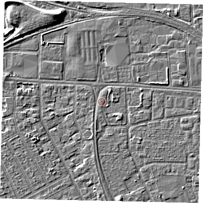 Shaded relief map of the ground around HU32EG, computed from Environment Agency LiDAR. The ground here sits at about 3 m above sea level and falls 7 m across the surrounding 800 m. Surface water reaching this point runs off ground lying to the south-south-west, 1.2 m higher.