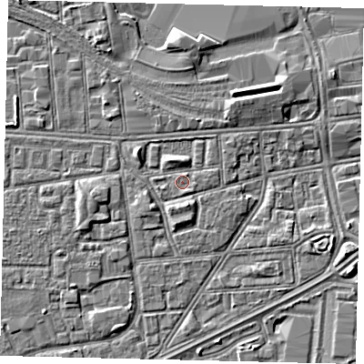 Shaded relief map of the ground around HU32EP, computed from Environment Agency LiDAR. The ground here sits at about 3 m above sea level and falls 3 m across the surrounding 800 m. Surface water reaching this point runs off ground lying to the south-south-east, 0.7 m higher.