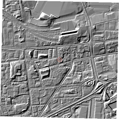 Shaded relief map of the ground around HU32EW, computed from Environment Agency LiDAR. The ground here sits at about 3 m above sea level and falls 3 m across the surrounding 800 m. Surface water reaching this point runs off ground lying to the south-east, 0.8 m higher.