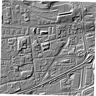 Shaded relief map of the ground around HU32EX, computed from Environment Agency LiDAR. The ground here sits at about 4 m above sea level and falls 3 m across the surrounding 800 m. Surface water reaching this point runs off ground lying to the north-north-west, 1.4 m higher.