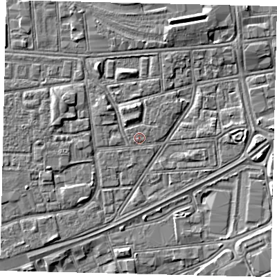 Shaded relief map of the ground around HU32EY, computed from Environment Agency LiDAR. The ground here sits at about 3 m above sea level and falls 3 m across the surrounding 800 m. The ground contributing surface water to this point lies to the west-north-west.