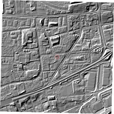 Shaded relief map of the ground around HU32EZ, computed from Environment Agency LiDAR. The ground here sits at about 3 m above sea level and falls 4 m across the surrounding 800 m. Surface water reaching this point runs off ground lying to the south-south-west, 0.5 m higher.