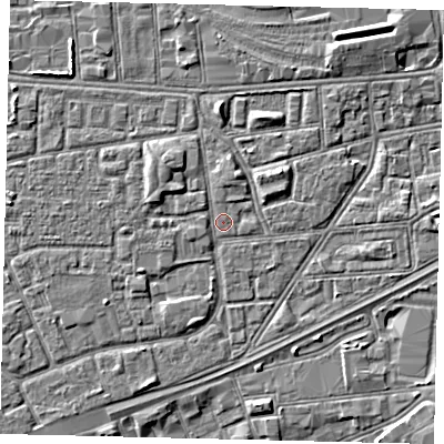 Shaded relief map of the ground around HU32HA, computed from Environment Agency LiDAR. The ground here sits at about 3 m above sea level and falls 3 m across the surrounding 800 m. Surface water reaching this point runs off ground lying to the north-west, 1.4 m higher.