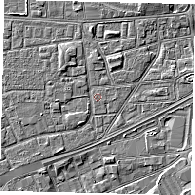 Shaded relief map of the ground around HU32HD, computed from Environment Agency LiDAR. The ground here sits at about 3 m above sea level and falls 4 m across the surrounding 800 m. The ground contributing surface water to this point lies to the north-east.