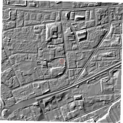 Shaded relief map of the ground around HU32HE, computed from Environment Agency LiDAR. The ground here sits at about 3 m above sea level and falls 4 m across the surrounding 800 m. Surface water reaching this point runs off ground lying to the west-south-west, 1.1 m higher.