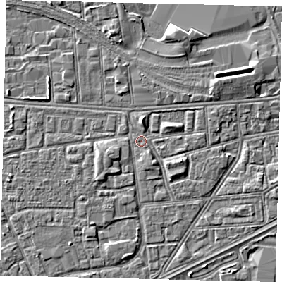 Shaded relief map of the ground around HU32HF, computed from Environment Agency LiDAR. The ground here sits at about 3 m above sea level and falls 3 m across the surrounding 800 m. Surface water reaching this point runs off ground lying to the north, 1.8 m higher.