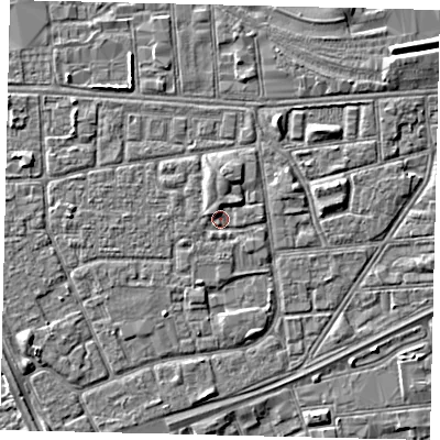 Shaded relief map of the ground around HU32HG, computed from Environment Agency LiDAR. The ground here sits at about 3 m above sea level and falls 3 m across the surrounding 800 m. Surface water reaching this point runs off ground lying to the north-east, 1.6 m higher.
