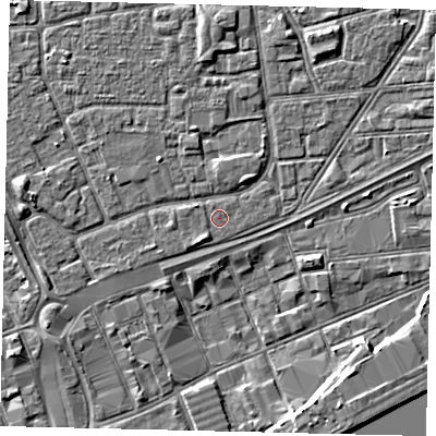 Shaded relief map of the ground around HU32HJ, computed from Environment Agency LiDAR. The ground here sits at about 3 m above sea level and falls 4 m across the surrounding 800 m. Surface water reaching this point runs off ground lying to the south-west, 1.3 m higher.