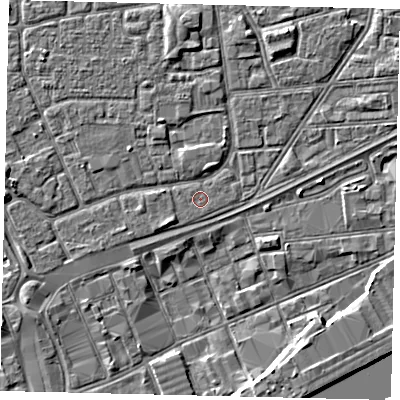 Shaded relief map of the ground around HU32HL, computed from Environment Agency LiDAR. The ground here sits at about 3 m above sea level and falls 4 m across the surrounding 800 m. The ground contributing surface water to this point lies to the south-east.