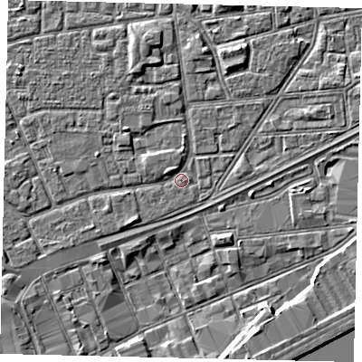 Shaded relief map of the ground around HU32HN, computed from Environment Agency LiDAR. The ground here sits at about 3 m above sea level and falls 4 m across the surrounding 800 m. Surface water reaching this point runs off ground lying to the north-north-west, 1.8 m higher.