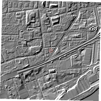 Shaded relief map of the ground around HU32HP, computed from Environment Agency LiDAR. The ground here sits at about 3 m above sea level and falls 4 m across the surrounding 800 m. Surface water reaching this point runs off ground lying to the north-north-east, 0.7 m higher.