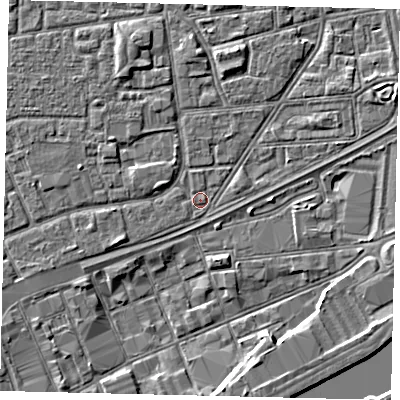 Shaded relief map of the ground around HU32HR, computed from Environment Agency LiDAR. The ground here sits at about 3 m above sea level and falls 4 m across the surrounding 800 m. Surface water reaching this point runs off ground lying to the east-north-east, 1.4 m higher.