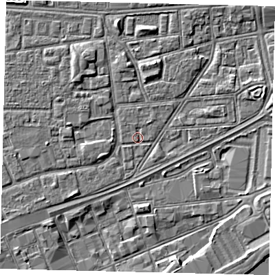 Shaded relief map of the ground around HU32HS, computed from Environment Agency LiDAR. The ground here sits at about 3 m above sea level and falls 4 m across the surrounding 800 m. Surface water reaching this point runs off ground lying to the north-east, 0.6 m higher.