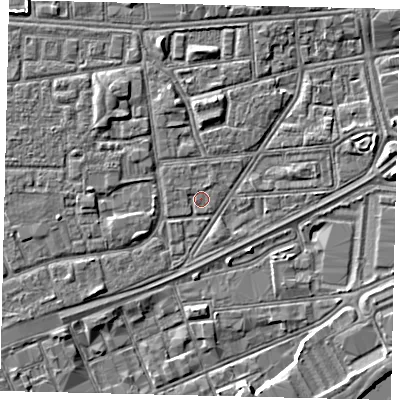 Shaded relief map of the ground around HU32HT, computed from Environment Agency LiDAR. The ground here sits at about 3 m above sea level and falls 4 m across the surrounding 800 m. Surface water reaching this point runs off ground lying to the north-north-east, 0.6 m higher.