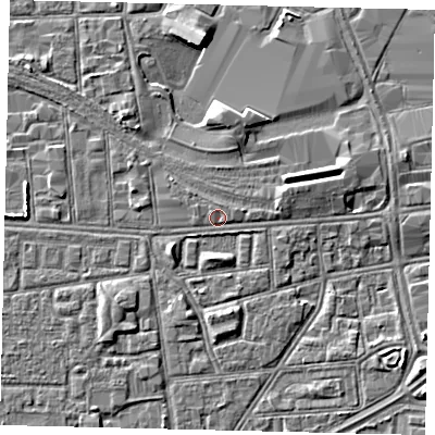 Shaded relief map of the ground around HU32JA, computed from Environment Agency LiDAR. The ground here sits at about 3 m above sea level and falls 4 m across the surrounding 800 m. Surface water reaching this point runs off ground lying to the east-north-east, 2.2 m higher.