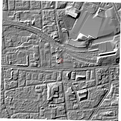 Shaded relief map of the ground around HU32JF, computed from Environment Agency LiDAR. The ground here sits at about 3 m above sea level and falls 4 m across the surrounding 800 m. Surface water reaching this point runs off ground lying to the east, 0.6 m higher.