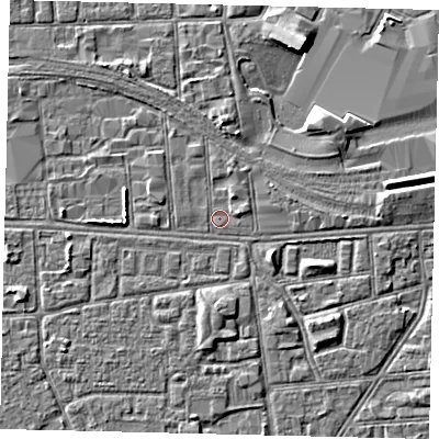 Shaded relief map of the ground around HU32JH, computed from Environment Agency LiDAR. The ground here sits at about 3 m above sea level and falls 4 m across the surrounding 800 m. Surface water reaching this point runs off ground lying to the south-east, 1.8 m higher.