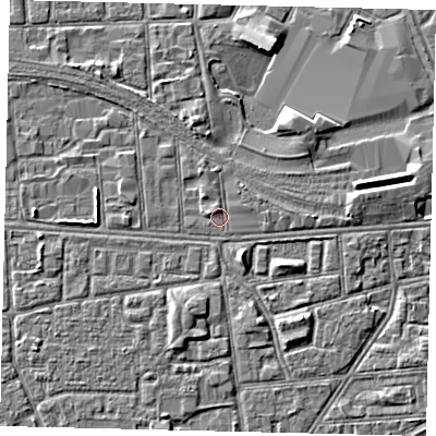 Shaded relief map of the ground around HU32JJ, computed from Environment Agency LiDAR. The ground here sits at about 3 m above sea level and falls 4 m across the surrounding 800 m. Surface water reaching this point runs off ground lying to the east, 0.6 m higher.